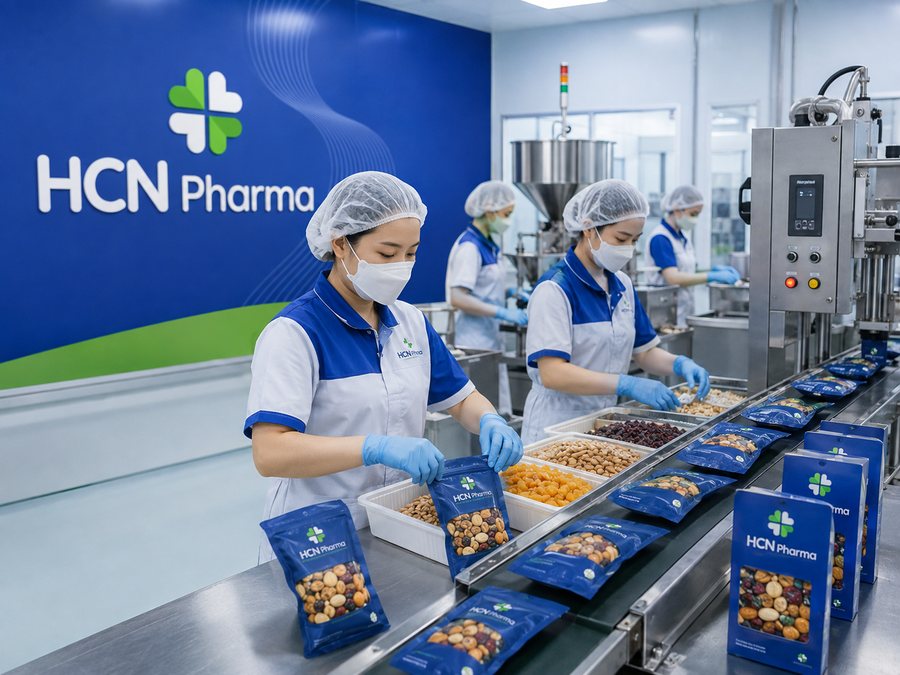 Gia công nông sản, thực phẩm và dược liệu theo thương hiệu riêng 8 Công nhân đóng gói thực phẩm sấy vào túi thành phẩm trên băng tải tại nhà máy HCN Pharma