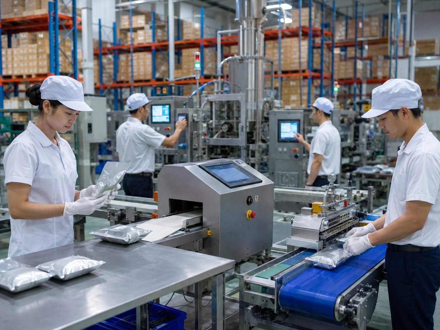Phối trộn bột – Dịch vụ phối trộn bột theo công thức 2 Túi bột thành phẩm đi qua máy dò kim loại trên băng tải đóng gói