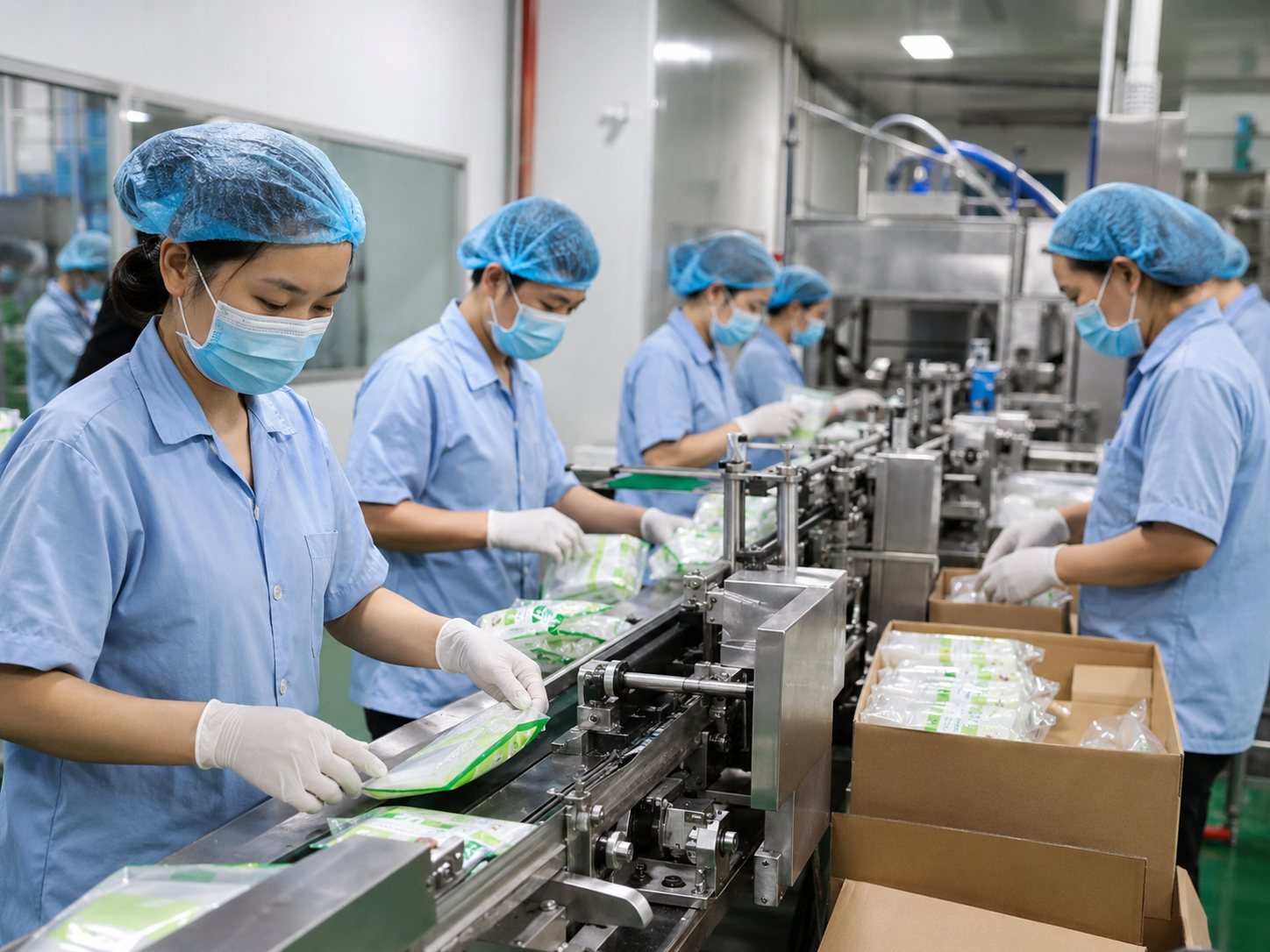 Đóng gói sản phẩm vào vỉ và xếp thùng carton trên dây chuyền