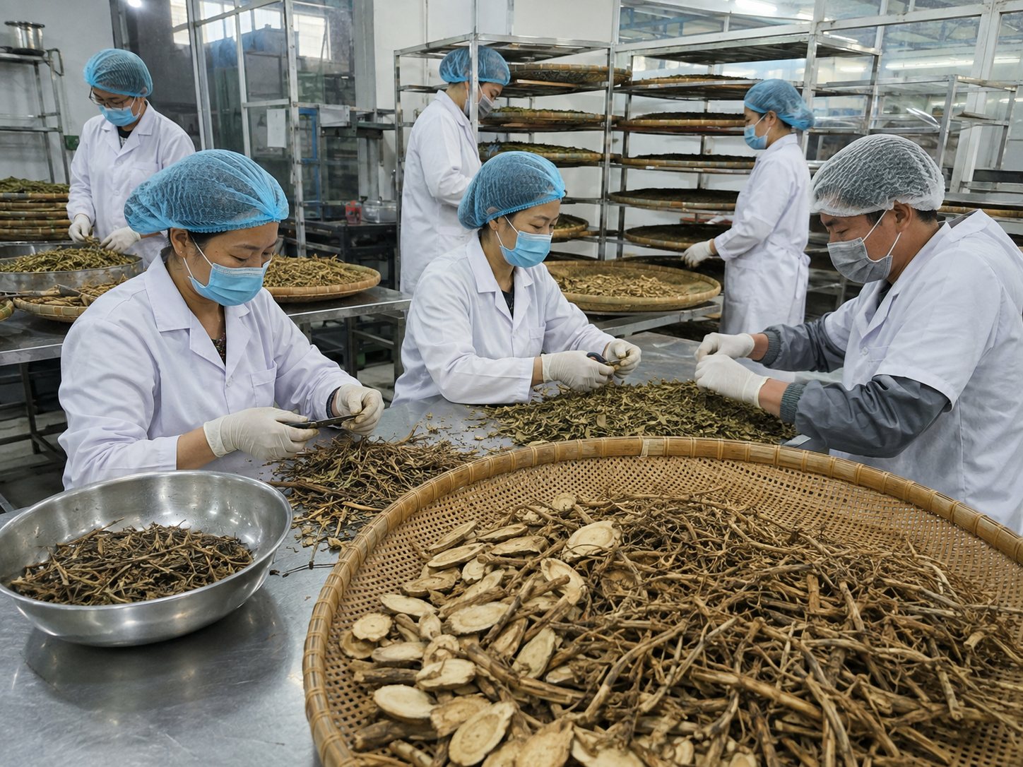Phân loại dược liệu khô đã cắt lát trên nong trước khi đưa vào sản xuất