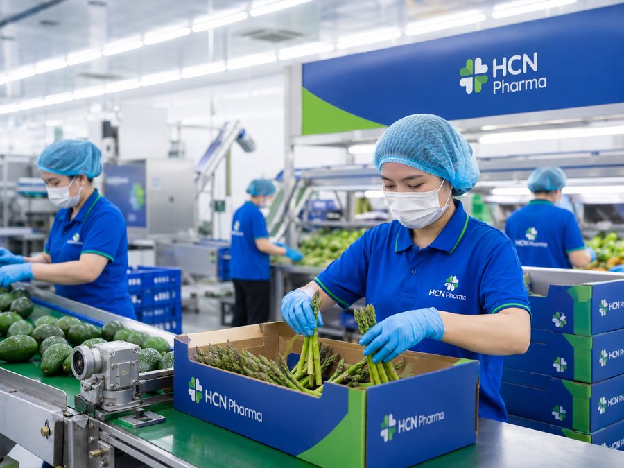 Công nhân phân loại và đóng hộp nông sản tươi trên dây chuyền tại nhà máy HCN Pharma