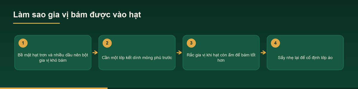 Sơ đồ cách gia vị bám vào hạt khi gia công hạt tẩm vị