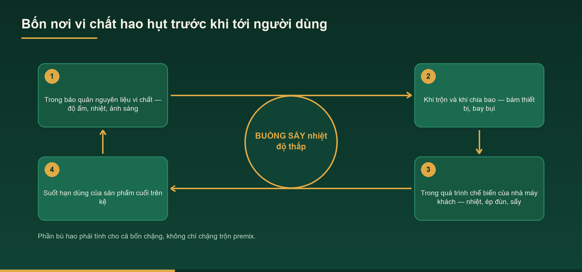 Sơ đồ bốn nơi vi chất hao hụt trong vòng đời sản phẩm dùng premix