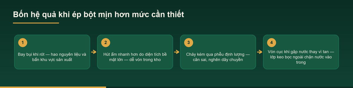 Sơ đồ bốn hệ quả khi nghiền bột mịn hơn mức cần thiết