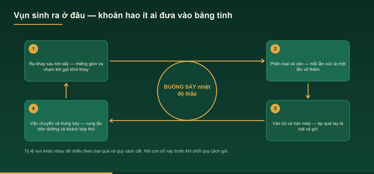 Sơ đồ tỷ lệ vụn trong quá trình gia công snack trái cây